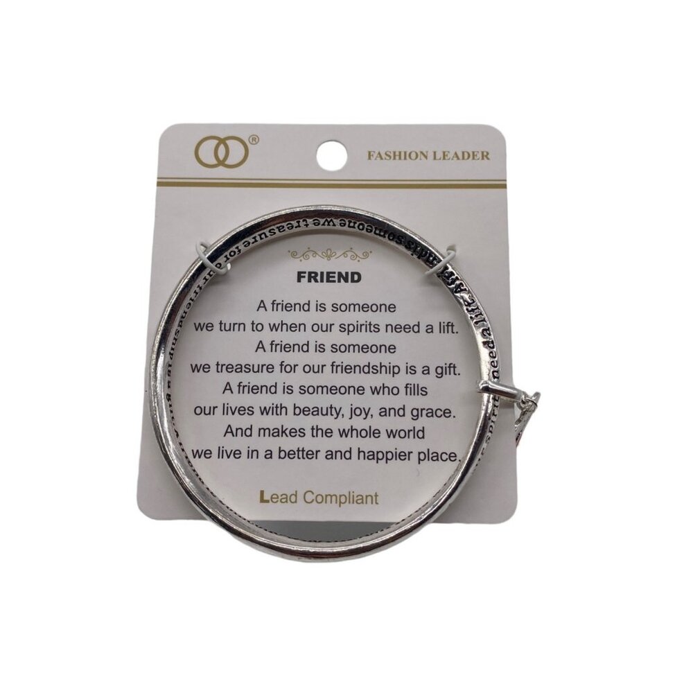 Fashion Leader Womens Silver Tone Bangle‎ Bracelet "Friend" Quote & Heart Charm